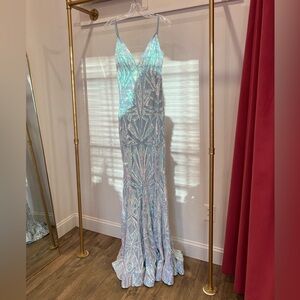 Jovani Elegant Sequin Gown in Iridescent Blue